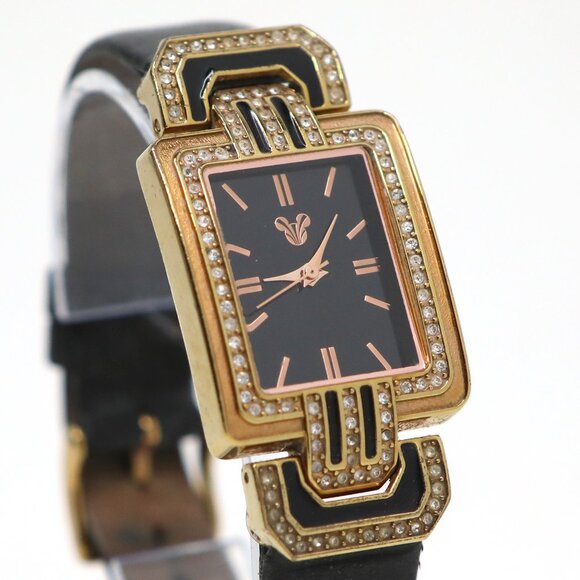 Disney Parks Mickey Mouse Analog Watch Art Deco Gold Black Leather Rhinestones - Picture 8 of 14